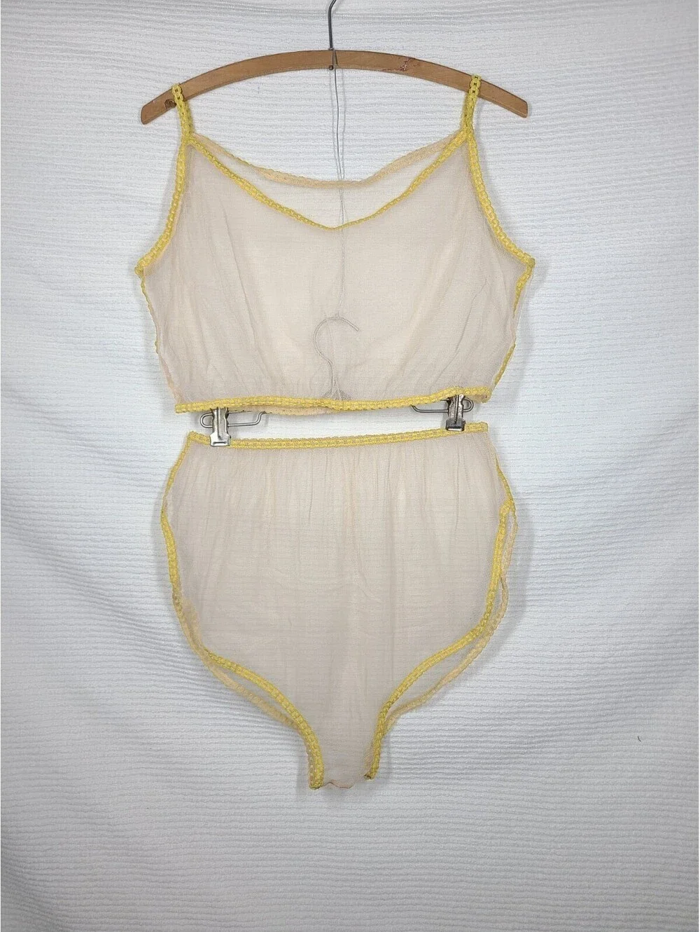 Vtg Sheer Mesh Lingerie Set L Nylon Net Ivory Cream See Thru NOS Chain Straps